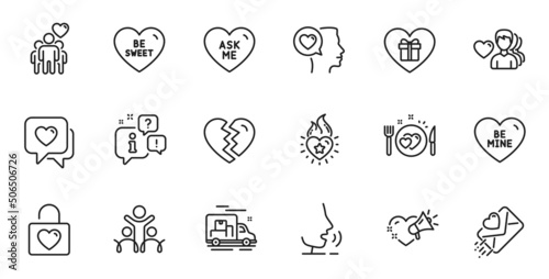 Outline set of Wedding locker, Be mine and Inclusion line icons for web application. Talk, information, delivery truck outline icon. Include Romantic dinner, Heart, Romantic gift icons. Vector