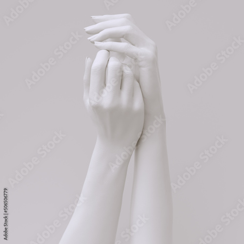 Abstract beautiful woman's hand sculpture. White paint elegant female hands gesture art creative concept banner, mannequin arm 3d rendering