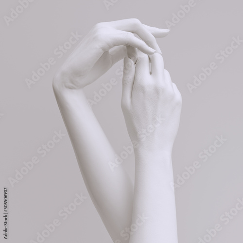 Abstract beautiful woman's hand sculpture. White paint elegant female hands gesture art creative concept banner, mannequin arm 3d rendering