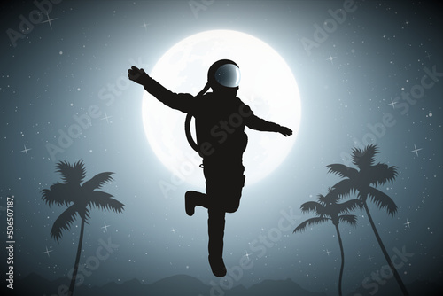 Astronaut flying in sky. Cosmonaut silhouette. Man on desert planet