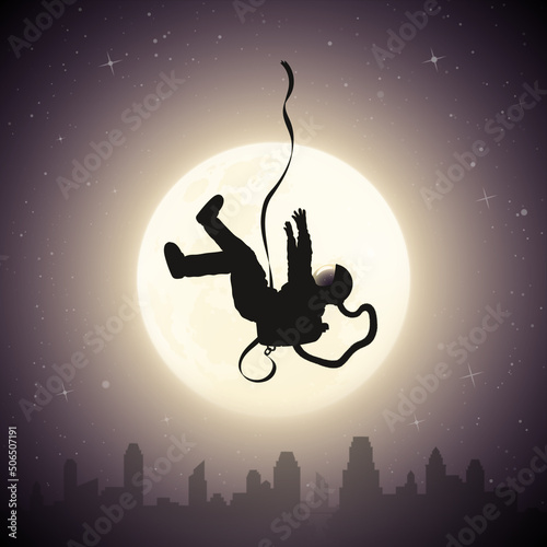 Falling astronaut. Flying cosmonaut outline. Lonely man and full moon.