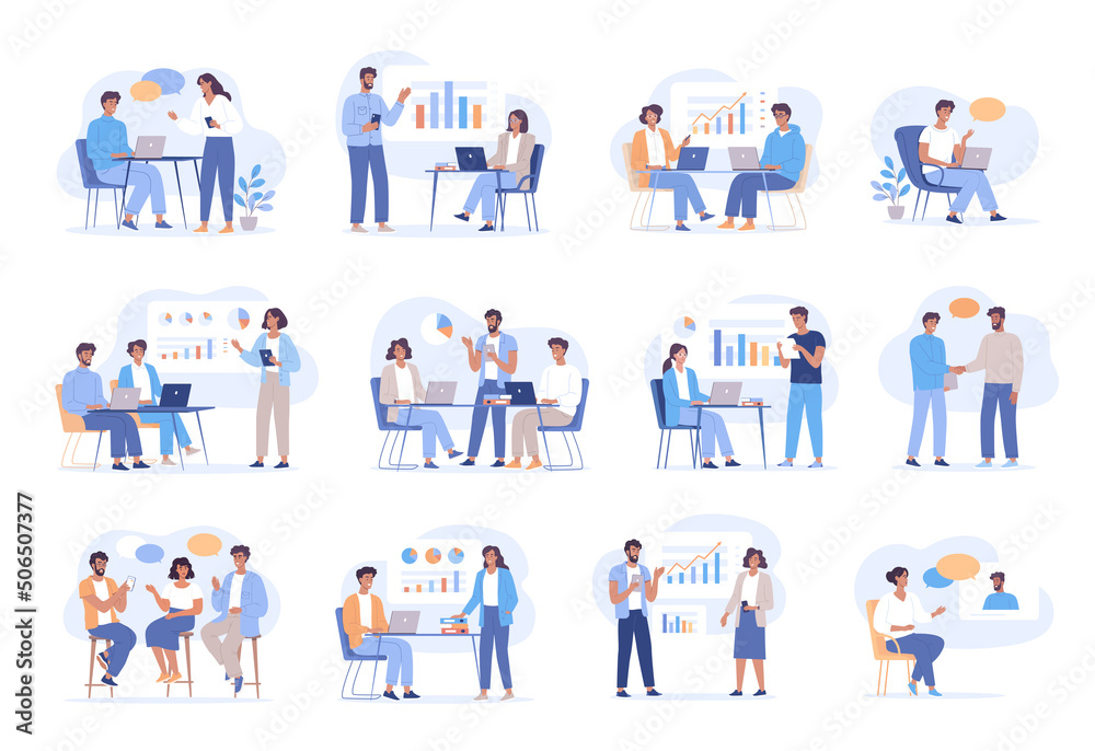 Different young business people working in the office. Business people set 