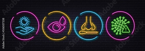 Sun protection, Nasal test and Eye drops minimal line icons. Neon laser 3d lights. Covid virus icons. For web, application, printing. Ultraviolet care, Covid testing, Check vision. Vector