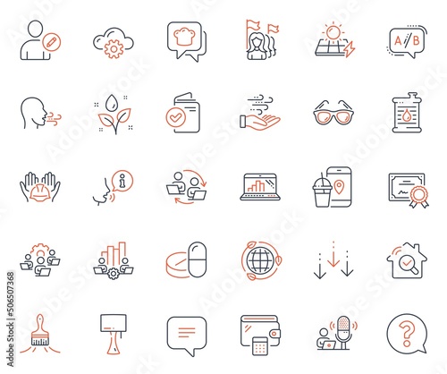 Business icons set. Included icon as Oil barrel, Certificate and Feminism web elements. Edit user, Scroll down, Brush icons. Teamwork process, Plants watering, Medical drugs web signs. Vector