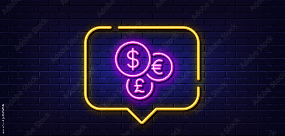 Neon light speech bubble. Money currency line icon. Cash exchange sign. Stock trade symbol. Neon light background. Money currency glow line. Brick wall banner. Vector Neon light speech bubble. Money currency line icon. Cash exchange sign. Stock trade symbol. Neon light background. Money currency glow line. Brick wall banner. Vector