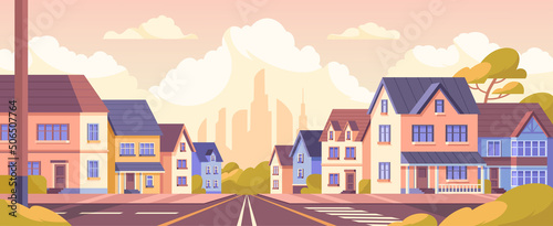 City street at sunset in summer. Beautiful city landscape or panorama with houses, road, sidewalk and trees. Background with buildings, clouds and pink sky. Cartoon modern flat vector illustration