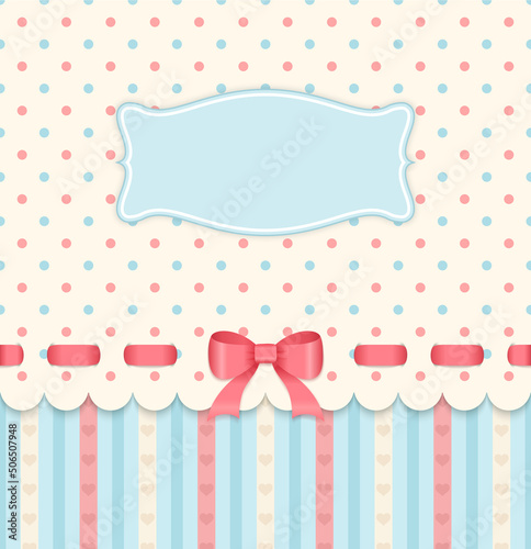 Vintage card with bow on polka dots background.
