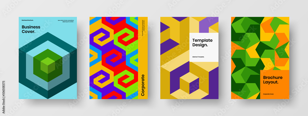 Fototapeta premium Unique geometric shapes handbill layout composition. Minimalistic leaflet A4 design vector concept collection.
