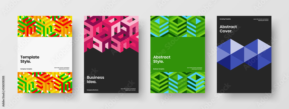 Fresh geometric tiles pamphlet illustration collection. Abstract journal cover design vector concept bundle.