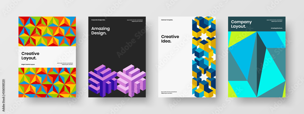 Premium geometric hexagons flyer template set. Creative leaflet design vector concept collection.