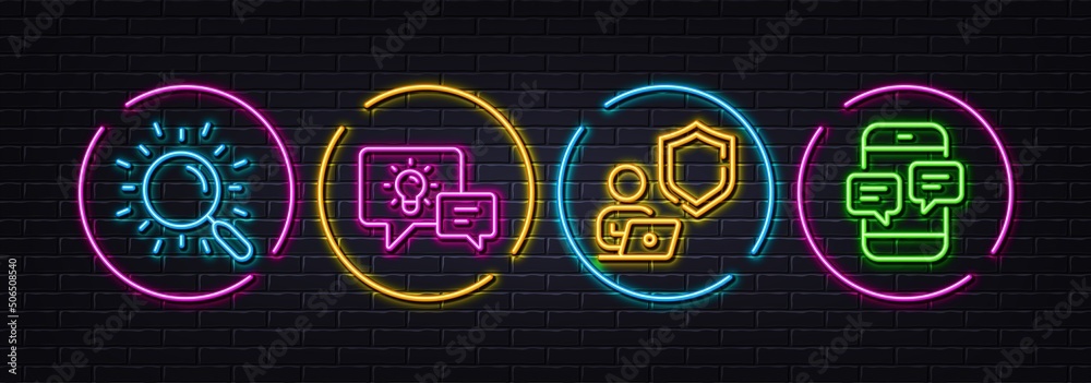 Search, Shield and Idea lamp minimal line icons. Neon laser 3d lights. Phone messages icons. For web, application, printing. Find document, Online secure, Business energy. Mobile chat. Vector
