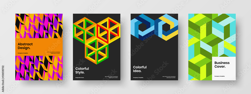 Multicolored cover vector design layout collection. Trendy mosaic hexagons postcard concept set.