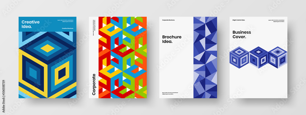 Fototapeta premium Bright mosaic pattern brochure template bundle. Multicolored booklet A4 design vector illustration composition.