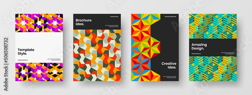 Original corporate brochure vector design layout set. Simple geometric hexagons postcard template collection.
