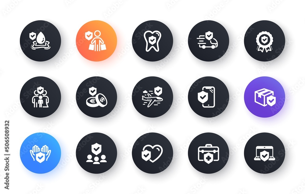 Insurance icons set. Family risk, Health care, help service. Car accident, flood insurance, flight protection icons. Safety document, money savings, delivery risk. Car full coverage. Vector Insurance icons set. Family risk, Health care, help service. Car accident, flood insurance, flight protection icons. Safety document, money savings, delivery risk. Car full coverage. Vector