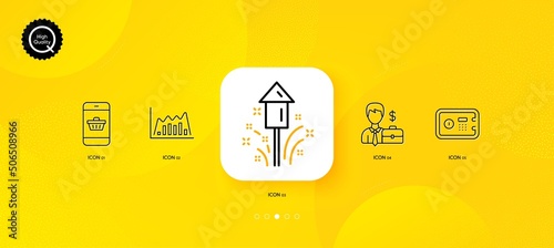 Smartphone buying, Fireworks and Infographic graph minimal line icons. Yellow abstract background. Businessman case, Safe box icons. For web, application, printing. Vector