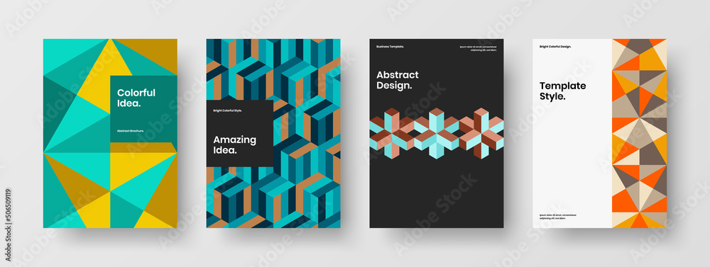 Trendy mosaic shapes magazine cover template collection. Colorful postcard design vector illustration composition.