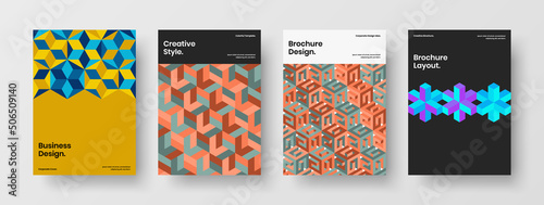 Original geometric hexagons booklet template bundle. Minimalistic corporate brochure design vector layout composition.