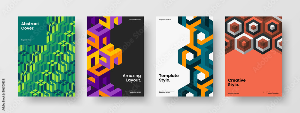 Fototapeta premium Bright poster design vector illustration set. Unique geometric pattern magazine cover layout composition.