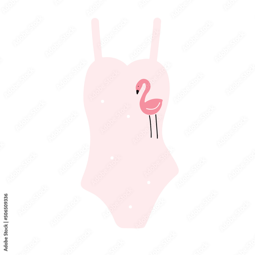 Illustration pink swimsuit for girls with flamingos on white background in cartoon style Illustration pink swimsuit for girls with flamingos on white background in cartoon style
