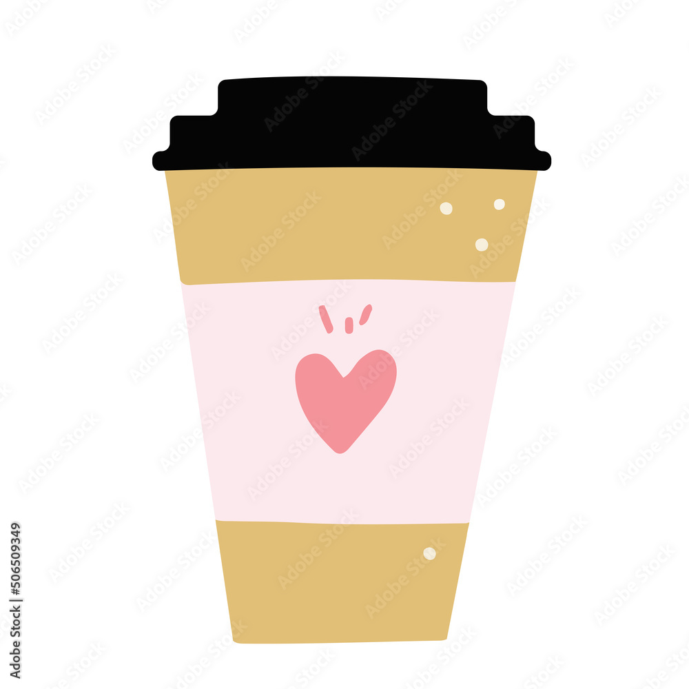 Disposable coffee, tea to go cup with pink heart vector illustration flat design
Disposable coffee, tea to go cup with pink heart vector illustration flat design