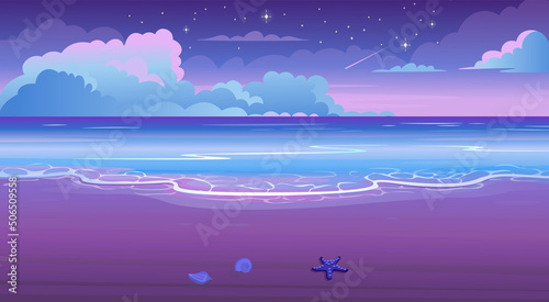  Summer tropical beach with sun loungers, table with cocktails, umbrella, mountains and islands. Seaside landscape, nature vacation, ocean or sea seashore.Vector cartoon illustration.
