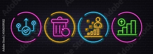 Stats, Correct way and Recovery trash minimal line icons. Neon laser 3d lights. Graph chart icons. For web, application, printing. Business analysis, Good choice, Backup file. Growth report. Vector