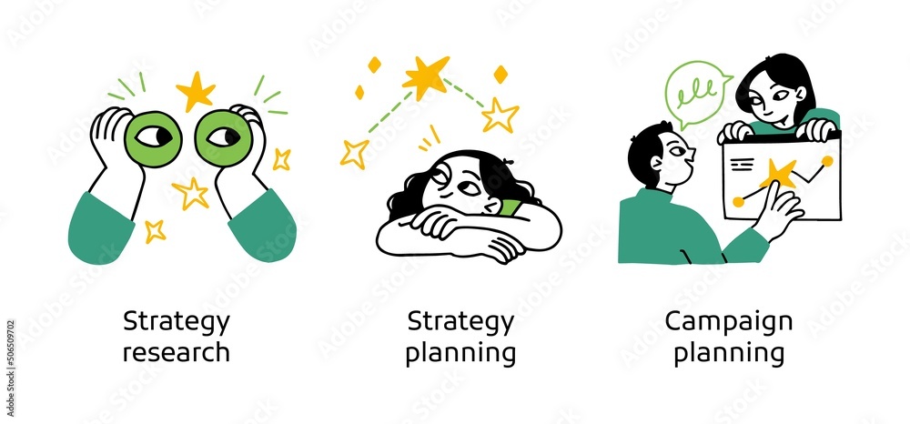 Planning strategy services- set of business concept illustrations. Strategy research, planning, Campaign planning. Visual stories collection Planning strategy services- set of business concept illustrations. Strategy research, planning, Campaign planning. Visual stories collection