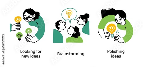 Brainstorming and creativity - set of business concept illustrations. Looking for new ideas, Brainstorming, Polishing ideas. Visual stories collection