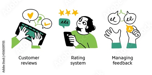 Online review system development - set of business concept illustrations. Customer reviews, Rating system, Managing feedback. Visual stories collection © stonepic