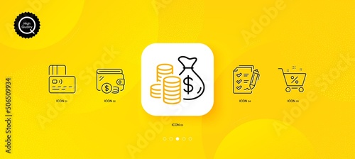 Wallet, Loan percent and Card minimal line icons. Yellow abstract background. Survey checklist, Coins bag icons. For web, application, printing. Cash money, Shopping cart, Bank payment. Report. Vector