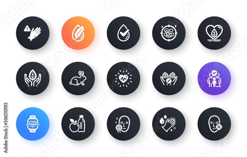 Minimal set of Stress, Family insurance and Local grown flat icons for web development. Healthy food, Heartbeat, Use gloves icons. Fair trade, Hypoallergenic tested, Face verified web elements. Vector