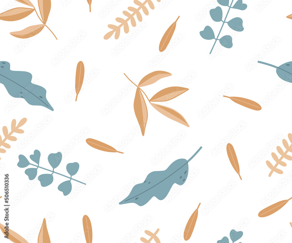 Narure seamless pattern with beige and blue leaves in flat style on white background for fabric, textile, nursery Narure seamless pattern with beige and blue leaves in flat style on white background for fabric, textile, nursery