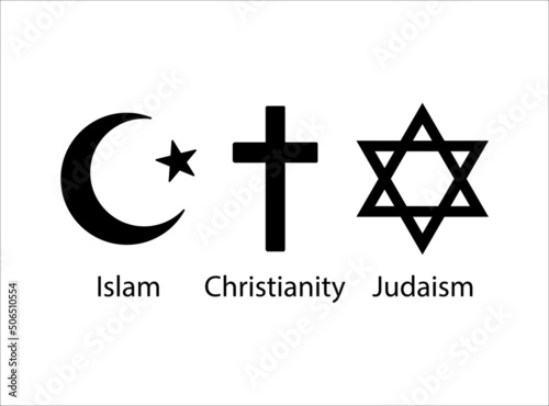 Symbols of the three world religions - Judaism, Christianity and Islam.