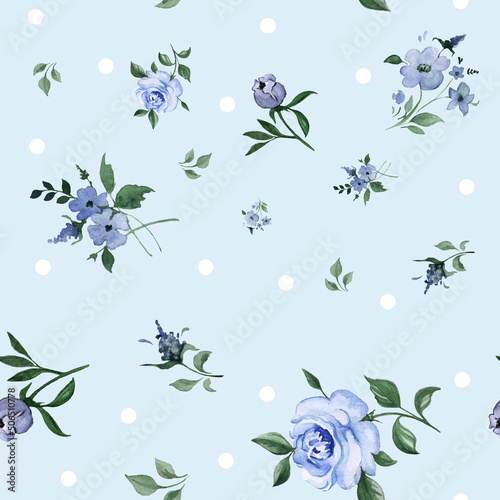 Seamless pattern with blue vintage flowers and dots © Tetiana