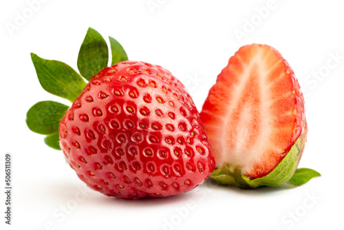 Fresh ripe strawberry isolated on white background, macro image.