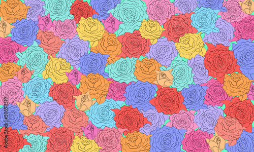 Floral vector background of stylized bright multi-colored roses. Contour roses with different color filling