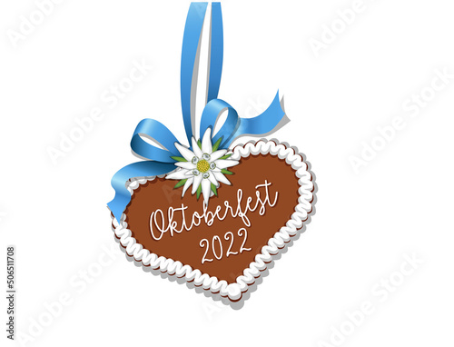 Oktoberfest 2022 Lebkuchenherz mit Edelweiss und Schleife,
Hängendes Herz aus Lebkuchen,
Vektor Illustration isoliert auf weißem Hintergrund 
