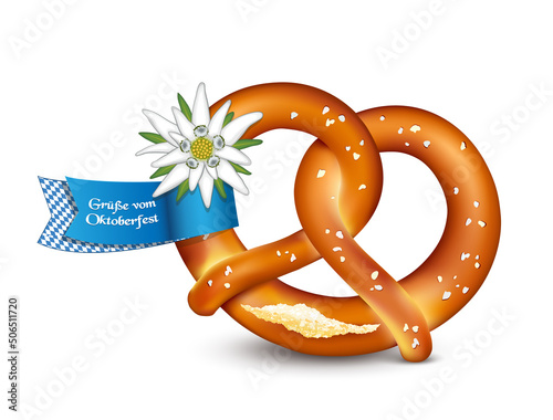 Brezel mit Edelweiss und blaue Bayrische Schleife mit Oktoberfest Grüße
Vektor Illustration isoliert auf weißem Hintergrund
