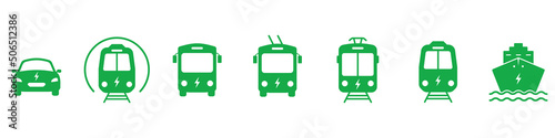 Electric Eco Vehicle Silhouette Green Icon Set. Ecology Alternative Hybrid Electro Public Transportation Pictogram. Electric Bus, Car, Ship, Tram, Metro, Train Icon. Isolated Vector Illustration