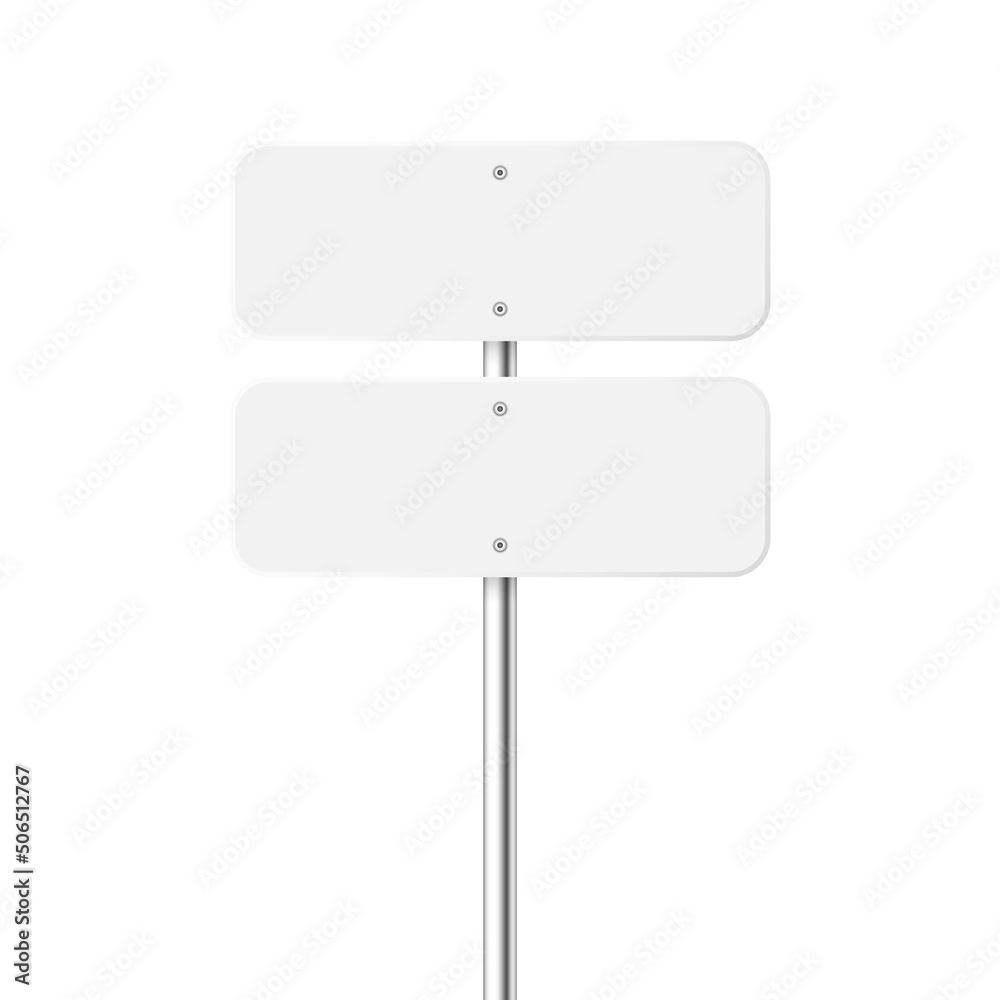 Road, traffic sign. Highway signboard on a chrome metal pole. Blank white board with place for text. Directional signage and wayfinder. Information sign mockup. Vector illustration. Road, traffic sign. Highway signboard on a chrome metal pole. Blank white board with place for text. Directional signage and wayfinder. Information sign mockup. Vector illustration.