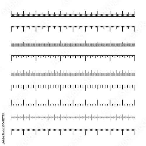 Various measurement scales with divisions. Realistic scale for measuring length or height in centimeters, millimeters or inches. Ruler, tape measure marks, size indicators. Vector illustration