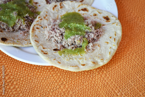 Fototapeta Naklejka Na Ścianę i Meble -  Tortilla con carne picada y salsa verde. Comida tipica Gautemalteca. Vista lateral.