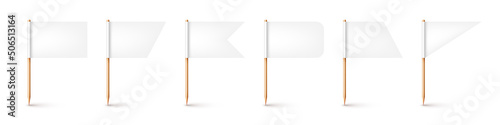 Realistic various toothpick flags. Wooden toothpicks with white paper flag. Location mark, map pointer. Blank mockup for advertising and promotions. Vector illustration