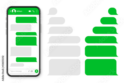 Realistic smartphone with messaging app. Blank SMS text frame. Conversation chat screen with green message bubbles. Social media application. Vector illustration.