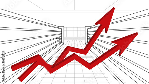 Red growing up 3d arrow on sketch drawing supermarket background. Bar charts and graphs. Rising food prices. Inflation concept. Retail industry. Finance and Economy. Market. Grocery Store. Food crisis