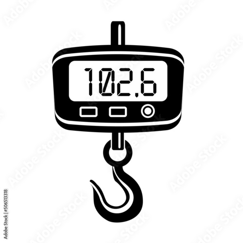Scales with display. Hook for hanging the load. Digital weight indicator. Measuring device in a meat shop. Trade simple style detailed logo icon vector illustration isolated