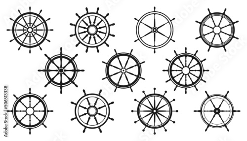 Collection of vintage steering wheels. Ship, yacht retro wheel symbol. Nautical rudder icon. Marine design element. Vector illustration