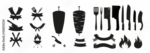 Logo constructor for doner, kebab, barbecue, grill party logo set. Vector stock illustration isolated on white background for design packaging, logo, menu in restaurant, butcher shop. 