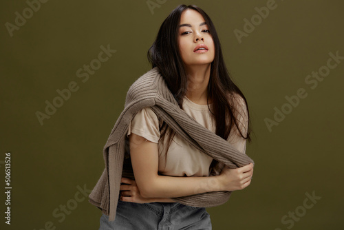 woman sweater on the shoulders posing clothing fashion Lifestyle